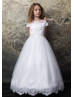 Beaded White Lace Tulle Flower Girl Dress With Scalloped Edge Beaded White Lace Tulle Flower Girl Dress With Scalloped Edge